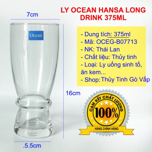 Ly thủy tinh Hansa Long Drink 375ml Ocean B07713 kiểu dáng eo ngấn, ly dầy, tốt của Thái Lan. Phù hợp làm ly sinh tố, nước ép, trà đào, trà sữa...