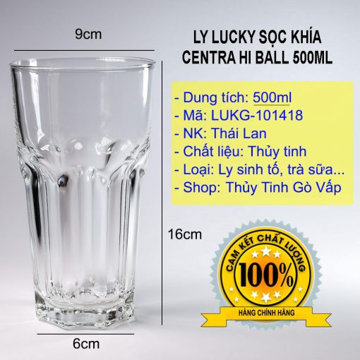 Ly thủy tinh sọc khía 500ml Lucky 10006 nhập khẩu Thái Lan, ly có dung tích lớn 500ml phù hợp với các loại thức uống như trà đào, trà sữa, soda, ...