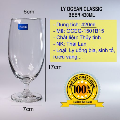 Ly thủy tinh uống bia Classic Beer 420ml OCEG-1501B15 nhập khẩu Thái Lan, phù hợp sử dụng uống các loại bia tươi, rượu vang, cocktail, hoặc soda..