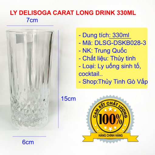 Ly thủy tinh Delisoga Carat Long Drink 330ml DSKB028-3 có thiết kế cao, thân khía sọc dọc, phần thân dưới họa tiết carat tinh tế, đẹp mắt, sang trọng