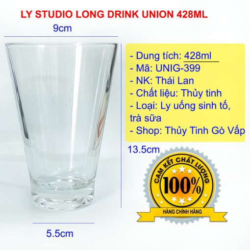 Ly thủy tinh Union Studio 428ml UNIG-399 thiết kế miệng loe, dung tích lớn phù hợp làm ly pha sinh tố, nước ép, trà đào, trà sữa các loại...