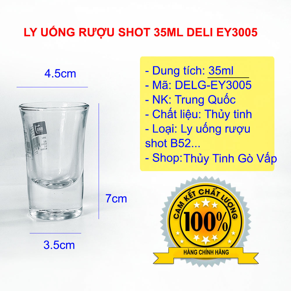Ly thủy tinh uống rượu shot 35ml đế dày Deli EY3005, thiết kế cao phù hợp dùng ly uống shot whisky, hoặc các loại cocktail như B52, soju...