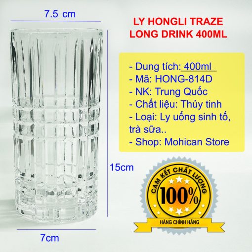Ly thủy tinh Hongli Traze Long Drink 400ml HONG-814D thiết kế sọc ngang, dọc đan xen nhau. Ly dầy, cao phù hợp với thức uống như: Trà đào, trà sữa, soda