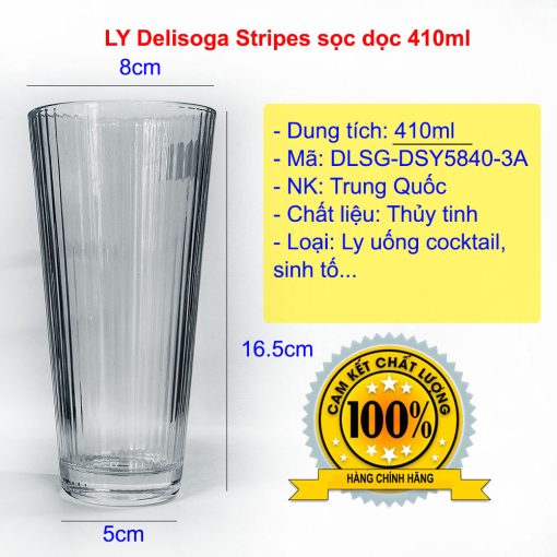 Ly thủy tinh Delisoga Stripes 410ml sọc dọc DSY5840-3A thiết kế sọc dọc thân ly khá đẹp mắt, ly dầy phù hợp làm ly uống sinh tố, nước ép, cocktail các loại