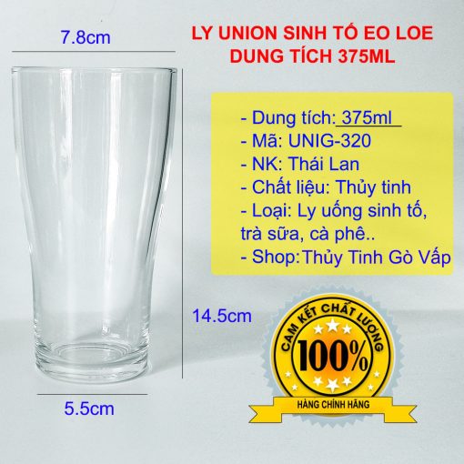 Ly thủy tinh sinh tố eo loe 375ml Union 320 nhập khẩu từ Thái lan, thiết kế miệng loe, dầy, dung tích lớn phù hợp với các đồ uống như sinh tố, trà sữa,...