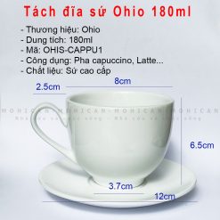 Tách sứ Ohio 180ml Cappu1 + đĩa sứ cao cấp cho quán cà phê. Tách có quai thuận tiện cho pha chế các đồ uống nóng như Capuccino, latte...
